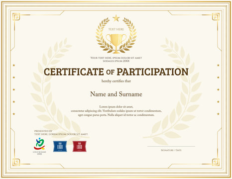 Certificate of participation template in gold theme with trophy