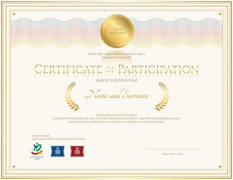 Certificate of participation template with colorful wave watermark in gold tone theme