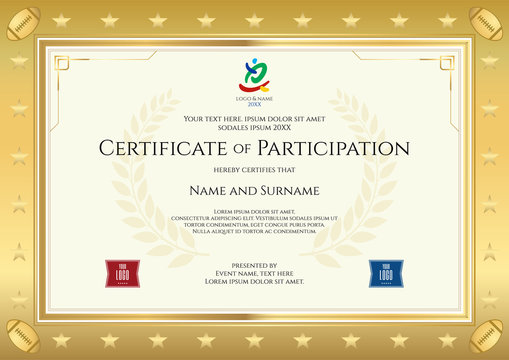 Sport theme certificate of participation template for sport or rugby event