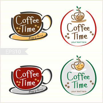 Set of hand drawn style coffee badge label logo design