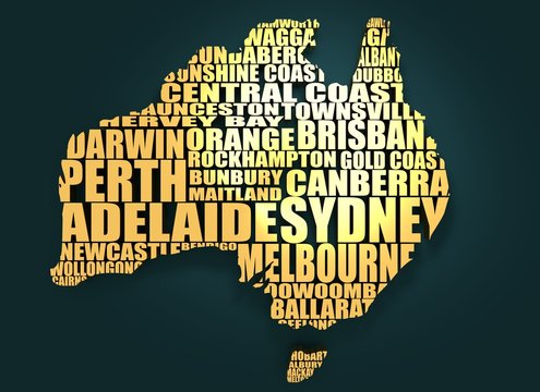 Map of Australia made from cities list. Golden material. 3D rendering