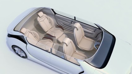 3D animation of business meeting layout in self driving  car.  Front seats turn to backward, and the rear seats have gorgeous reclining massage function