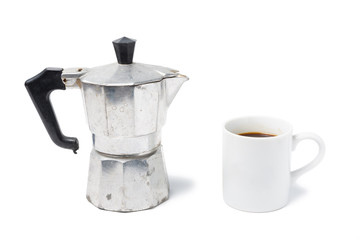 Moka pot with coffee cup on white background