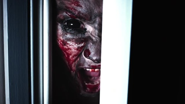 4K Horror Bloody Scary Woman Eye Looking in Door Gap and Screaming