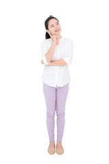 Fototapeta premium Young asian woman thinking over white background
