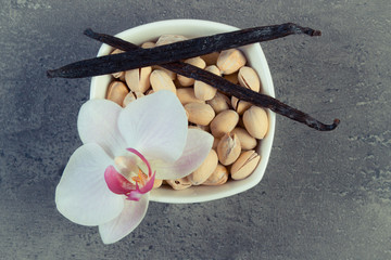 Vintage photo, Pistachio nuts, blooming orchid and fragrant vanilla sticks, cosmetic ingredients