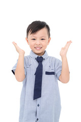 Little asian boy smiles over white background