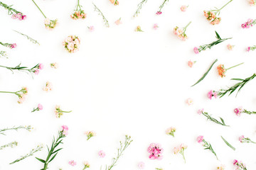 Frame with pink and beige wildflowers, green leaves, branches on white background. Flat lay, top view. Valentine's background