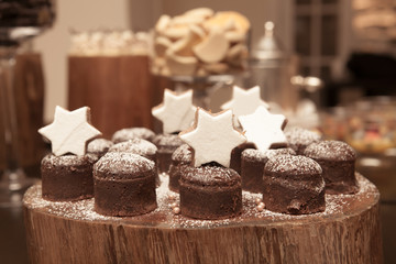 decoration of dessert on wood table in the restaurant with vinta
