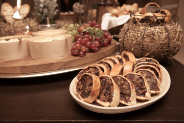 decoration of dessert on wood table in the restaurant with vinta