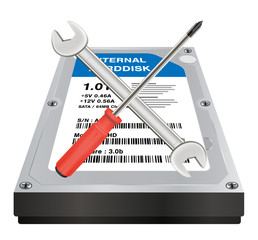 internal harddisk with a wrench and screwdriver repair logo
