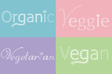 Organic, Veggie, Vegetarian and Vegan word on colorful background