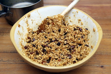 Bowl of fruit flapjack mix, ready to go into the oven