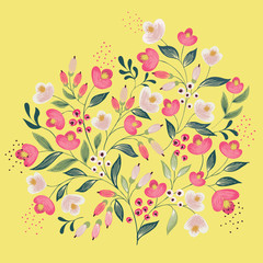 Fototapeta na wymiar Vector illustration of a floral circle bouquet with colorful flowers. Yellow background