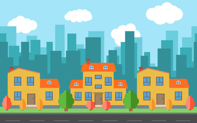 Vector city with cartoon houses and buildings. City space with road on flat style background concept. Summer urban landscape. Street view with cityscape on a background
