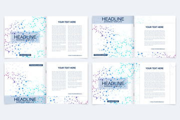 Templates for square brochure. Leaflet cover presentation. Business, science, technology design book layout. Scientific molecule background