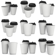 Disposable coffee cups set. Blank paper mug. 3d render isolated on white background