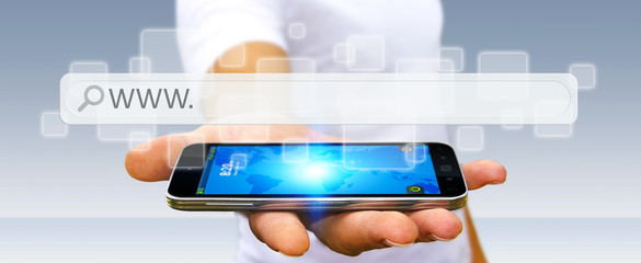 Man surfing on internet with digital tactile web address bar
