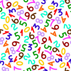 Mathematics seamless background - different numbers in random pattern. Colorful school pattern for children.