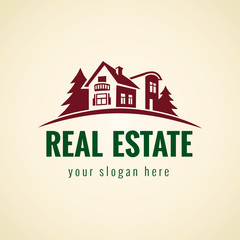 Real-estate vector logo. House for sale sign. Icon for own property agency, building, lease house, insurance, buying, invest or landscaping business. Country house vintage symbol.