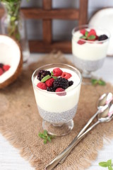 Fresh homemade coconut yogurt in glass cups served with fresh berries