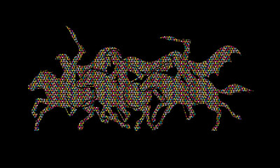 3 Spartan warrior riding horses designed using colorful mosaic pattern graphic vector.