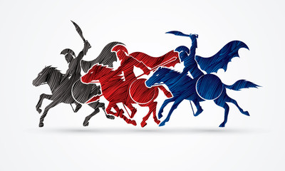 3 Spartan warrior riding horses designed using colors grunge brush graphic vector.