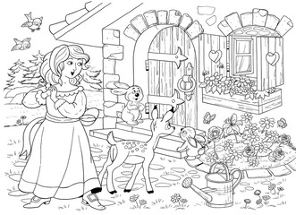 The Snow White and seven dwarfs. Fairy tale. Coloring book. Coloring page. Cute and funny  cartoon characters