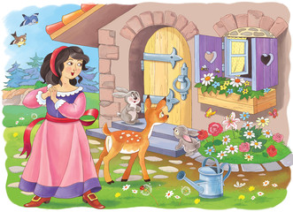 The Snow White and seven dwarfs. Fairy tale. Coloring book. Coloring page. Cute and funny  cartoon characters