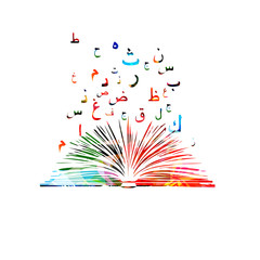 Obraz premium Arabic Islamic calligraphy symbols with book vector illustration. Colorful Arabic alphabet text design. Typography background, education concept, creative writing and storytelling