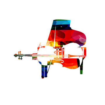 Colorful piano and violoncello vector illustration. Music instruments background. Design for poster, brochure, invitation, banner, flyer, concert and festival