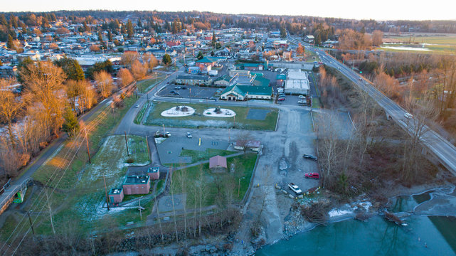 City of Arlington, Washington United States Aerial Perspective View on a Cold Winter Day at Sunset