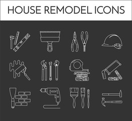 Set of thin white line house remodel icons