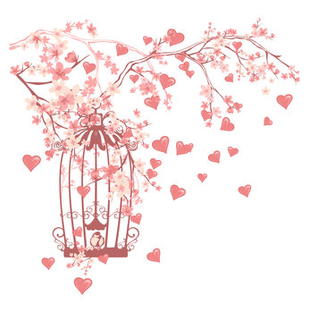 bird cage among flowers and flying hearts design