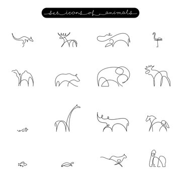 vector set of of animals icons, hand-painted continuous contour