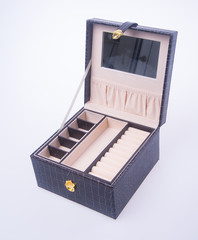 jewelry box or leather jewelery box on background.