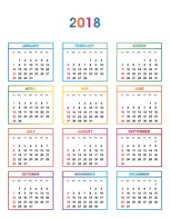 Simple color calendar for the year 2018. The names of days and months in a row numbered days in the colored squares on a white background