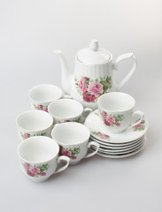 tea set or porcelain tea set on background.