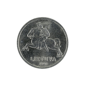 one lithuanian centas coin (1991) isolated on white background