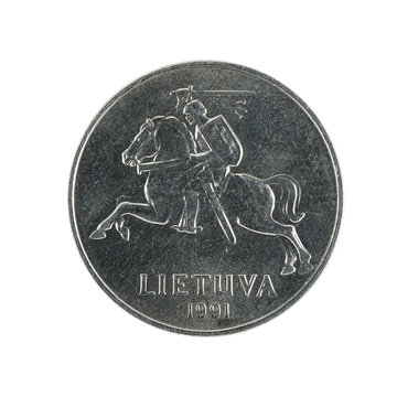 two lithuanian centai coin (1991) isolated on white background