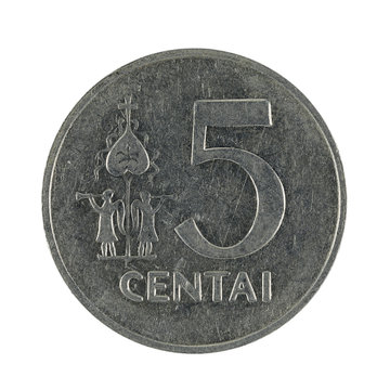 five lithuanian centai coin (1991) isolated on white background