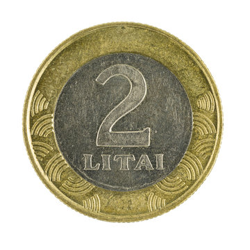 two lithuanian litai coin (2002) isolated on white background