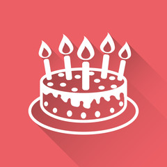 Cake with candle icon. Simple flat pictogram for business, marketing, internet concept on red background with long shadow. Trendy modern vector symbol for web site design or mobile app