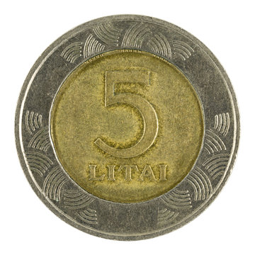 five lithuanian litai coin (1999) isolated on white background