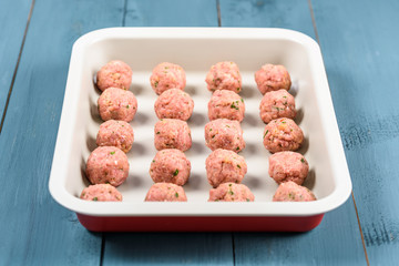 Preparing Raw Turkey Meatballs In Pan