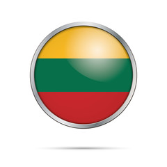 Obraz premium Vector Lithuanian flag Button. Lithuania flag in glass button style with metal frame.