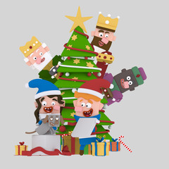Obraz na płótnie Canvas Magic Kings behind the xmas tree looking children opening giftsEASY COMBINE! Custom 3d illustration contact me!