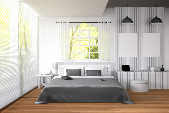3D rendering : illustration of big spacious bedroom in soft light colors.big comfortable double bed in elegant classic modern bedroom.interior design of house