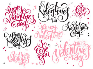 vector set of hand lettering valentines day greetings text - happy valentines day, i love you, written in various styles