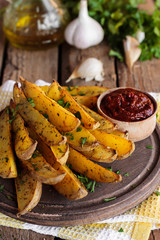 baked fried potatoes with garlic and red sauce